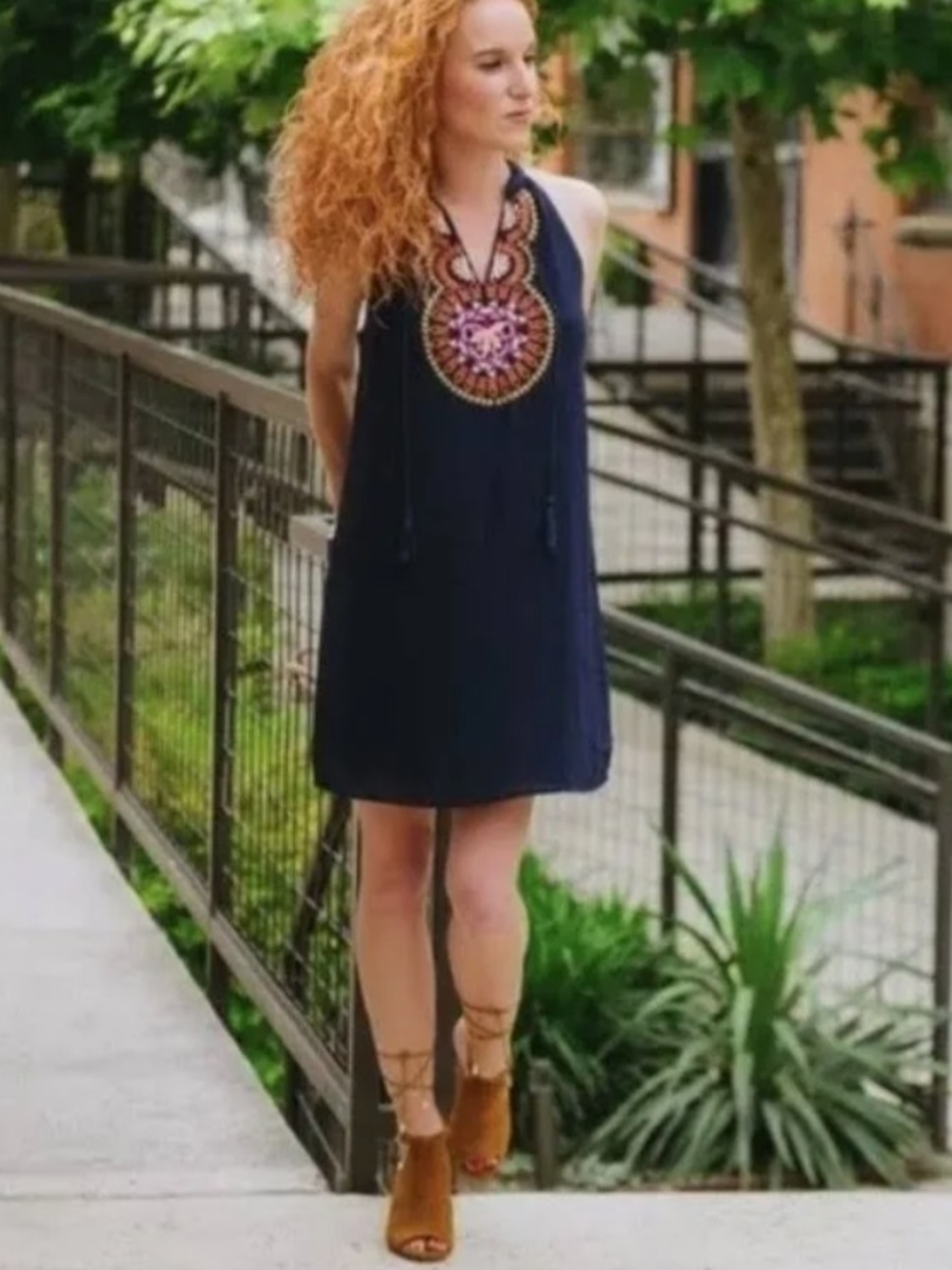 Anthropologie THML Roonie Navy Embroidered Tassel Mini Dress